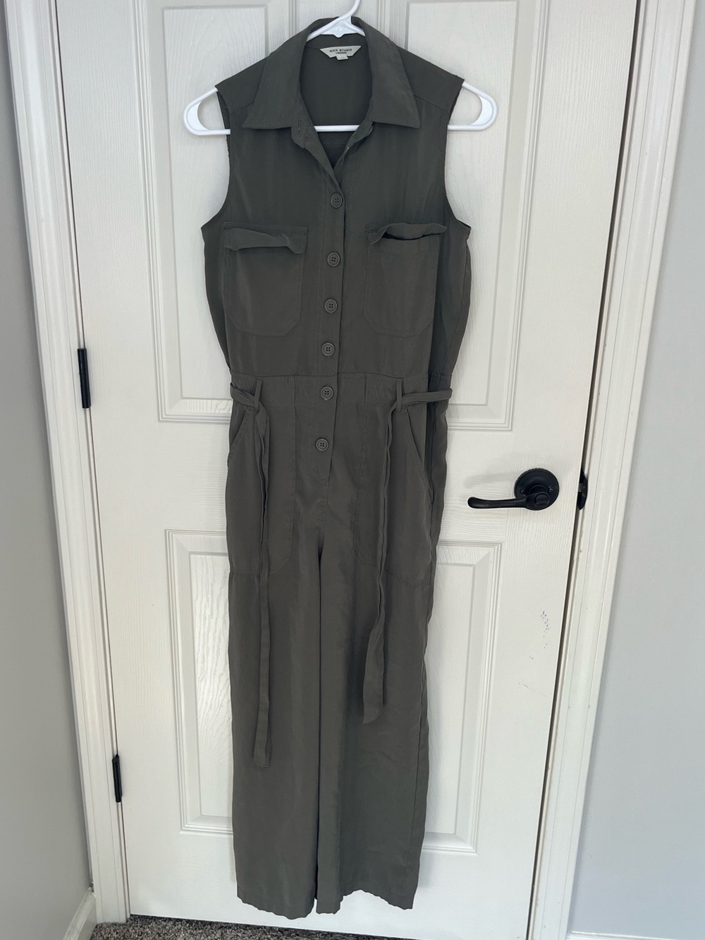 Max Studio Sleeveless Button-Front Utility Jumpsuit in Olive